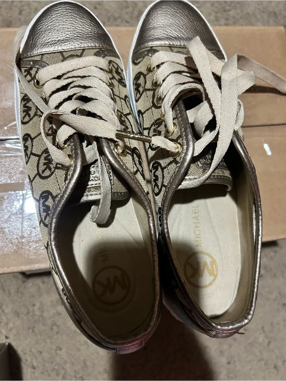 MICHAEL KORS Beige Canvas Sneakers with Gold Metallic Toe